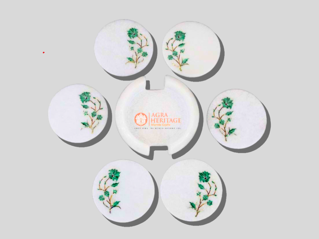 Marble Coaster Set Malachite Inlay Floral Arts